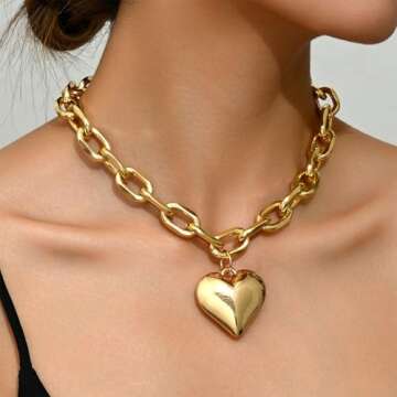 Otxas Gold Chunky Necklaces for Women Coin Pendant Big Heart Necklaces Gold Statement Necklace for Women Chunky Silver Necklace Chunky Gold Chain Necklace Chunky Gold Jewelry (Heart, Gold)