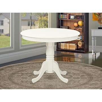 East West Furniture ANT-LWH-TP Antique Dining Room Table - a Round kitchen Table Top with Pedestal Base, 36x36 Inch, Linen White