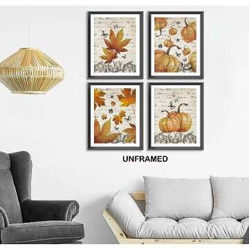 Rustic Maple Leaves Butterfly Pumpkin Fall Harvest Halloween Poster Prints for Home Farmhouse Kitchen Living Room Decor,Retro Autumn Fall Themed Decorations Prints Wall Art Unframed 4pcs 12x16inches