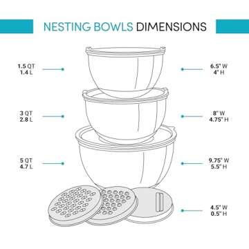 Belwares Mixing Bowls with Lids Set - Nesting Bowls with Graters, Handle, Pour Spout, Airtight Lids - Stainless Steel Non-Slip Mixing Bowl for Cooking, Baking, Prepping, Food Storage (Set of 3)