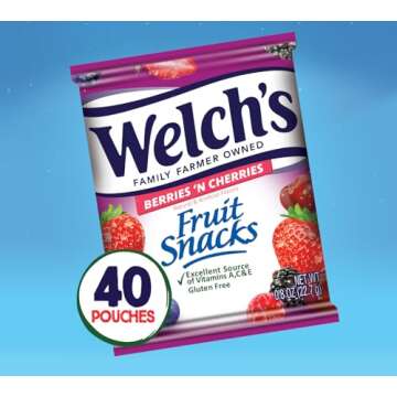 Welch's Fruit Snacks, Berries 'n Cherries, Perfect Halloween Candy Bulk Pack, Gluten Free, Individual Single Serve Bags, 0.8 oz (Pack of 40)