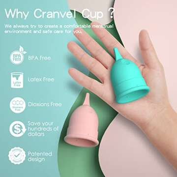 Cranvel Menstrual Cup | Large - Light to Heavy Menstruation Flow | Beginner Period Cups Reusable | Tampon and Pad Alternative | 12 Hour Wear Feminine Care Soft Cup (Large (Pack 0f 2)