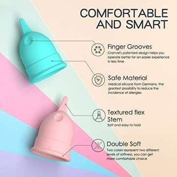 Cranvel Menstrual Cup | Large - Light to Heavy Menstruation Flow | Beginner Period Cups Reusable | Tampon and Pad Alternative | 12 Hour Wear Feminine Care Soft Cup (Large (Pack 0f 2)