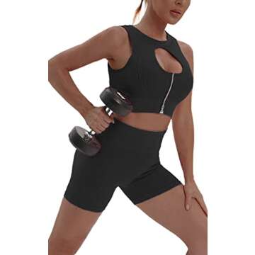 Basic Faith Workout Sets for Women Two Piece Seamless Ribbed Hollow Out Zip Sexy Sports Bra High Waist Gym Shorts Outfits