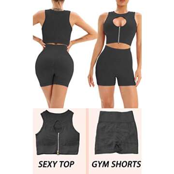 Basic Faith Workout Sets for Women Two Piece Seamless Ribbed Hollow Out Zip Sexy Sports Bra High Waist Gym Shorts Outfits