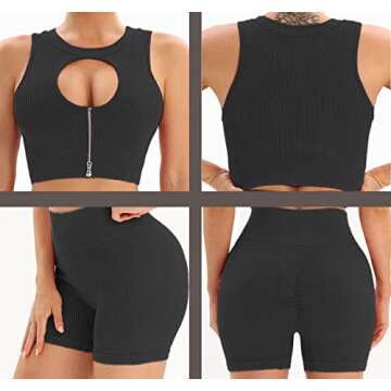 Basic Faith Workout Sets for Women Two Piece Seamless Ribbed Hollow Out Zip Sexy Sports Bra High Waist Gym Shorts Outfits