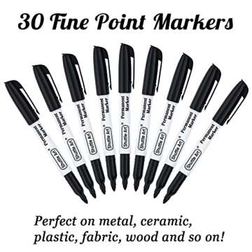 Shuttle Art Permanent Markers, 30 Pack Black Permanent Marker set,Fine Point, Works on Plastic,Wood,Stone,Metal and Glass for Doodling, Marking