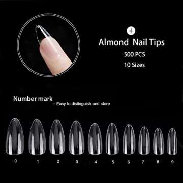 500Pcs Medium Almond Fake Nail Tips Full Cover Clear Acrylic Nails Press on Nails for DIY Nail Art, 10 Sizes