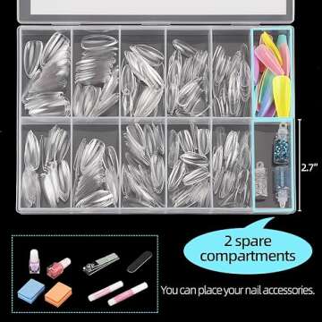 500Pcs Medium Almond Fake Nail Tips Full Cover Clear Acrylic Nails Press on Nails for DIY Nail Art, 10 Sizes