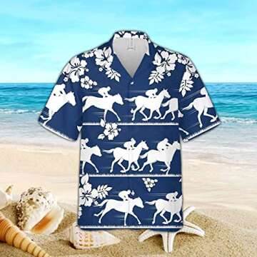 Horse Racing Hawaiians Shirts for Men Tropical Hibiscus Men's Casual Button Down Short Sleeve Unisex Dress Shirt Set 30 Size L