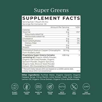 CYMBIOTIKA Super Greens Supplement with Chlorophyll, Spirulina, Daily Vegan Superfood Packets for Digestive Gut Health, Detox, Energy and Immune Support, Citrus Lime Flavor, 15 mL Pouches, 30 Pack