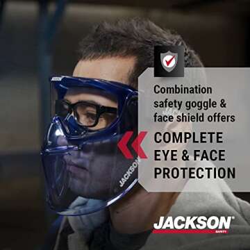 Jackson Safety GPL500 Safety Goggles with Flip Up/Detachable Blue Face Shield - Eye Protection Goggles Over Glasses for Men & Women - Anti-Fog, Clear Lens, ANSI Z87.1