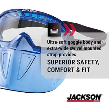 Jackson Safety GPL500 Safety Goggles with Flip Up/Detachable Blue Face Shield - Eye Protection Goggles Over Glasses for Men & Women - Anti-Fog, Clear Lens, ANSI Z87.1