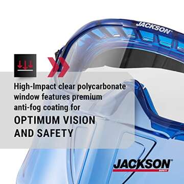 Jackson Safety GPL500 Safety Goggles with Flip Up/Detachable Blue Face Shield - Eye Protection Goggles Over Glasses for Men & Women - Anti-Fog, Clear Lens, ANSI Z87.1