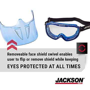 Jackson Safety GPL500 Safety Goggles with Flip Up/Detachable Blue Face Shield - Eye Protection Goggles Over Glasses for Men & Women - Anti-Fog, Clear Lens, ANSI Z87.1