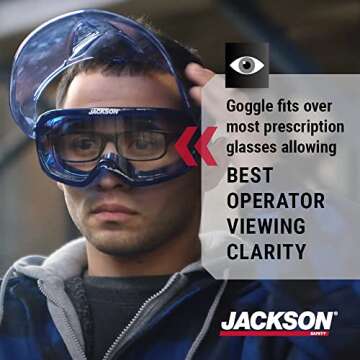 Jackson Safety GPL500 Safety Goggles with Flip Up/Detachable Blue Face Shield - Eye Protection Goggles Over Glasses for Men & Women - Anti-Fog, Clear Lens, ANSI Z87.1