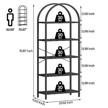 IDEALHOUSE Bookshelf 5 Tier Bookcase Arched Display Racks Tall Standing Bookshelves Metal Frame Open Storage Rack Shelf Large Black Book Shelf for Bedroom, Living Room, Home Office