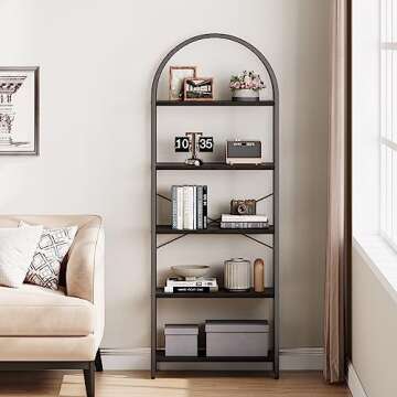 IDEALHOUSE Bookshelf 5 Tier Bookcase Arched Display Racks Tall Standing Bookshelves Metal Frame Open Storage Rack Shelf Large Black Book Shelf for Bedroom, Living Room, Home Office