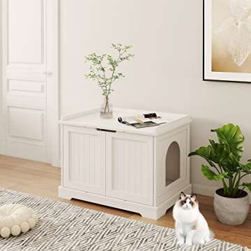 HOME BI Cat Litter Box Enclosure Hidden, Cat Washroom Storage Bench, Pet Crate Furniture, Modern Wooden Kitty Litter Cabinet, Cat Home/ Hideaway, White