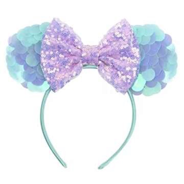 CLGIFT Ariel Mickey Ears - Handmade Purple Flexible Headband, One Size Fits All - Perfect for Halloween, Cosplay Party, Christmas, Birthday, Disneyland Trips, Family Photos, or Any Disney Theme Party