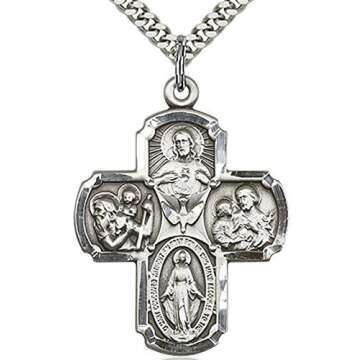 Heartland Men's Catholic 4 Way Cross Sterling Silver Medal Necklace- Handcrafted in USA, Tarnish Resistant, Religious Pendant, Ideal Present for Special Occasions- 24 inch Rhodium-Plated Curb Chain