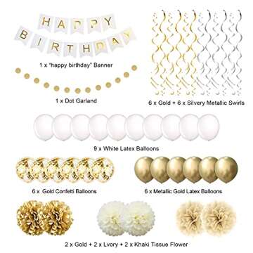 Gold Birthday Party Decorations,Happy Birthday Banner, 16th 18th 21th 30th 40th 50th 60th 70th Gold White Birthday Decorations Supplies Balloons