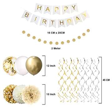 Gold Birthday Party Decorations,Happy Birthday Banner, 16th 18th 21th 30th 40th 50th 60th 70th Gold White Birthday Decorations Supplies Balloons