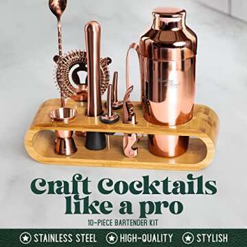 Mixology Bartender Kit: 10-Piece Bar Tool Set with Bamboo Stand | Perfect Home Bartending Kit and Martini Cocktail Shaker Set For a Perfect Drink Mixing Experience | Fun Housewarming Gift (Copper)