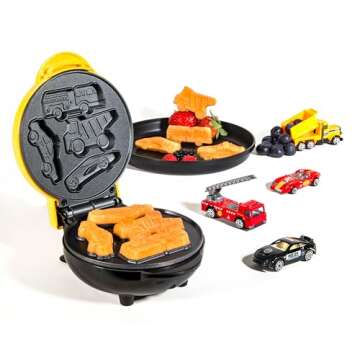 Nostalgia MyMini Cars and Trucks Shape Electric Waffle Maker, 5-Inch Non-Stick Griddle for Waffles, Hash Browns, Eggs, and More, Yellow