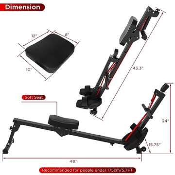 Rowing Machine Foldable, Fitness Rower Machines Cardio Training Adjustable Elastic Portable Compact Rower for Home Use Strength Equipment LCD Display Loading 300 LBS (Black-Red)