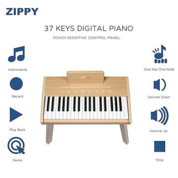 ZIPPY Kids Piano Keyboard, 37 Keys Digital Piano for Kids, Touch Sensitive Control Panel, Built-in Songs, Volume Adjustable, Music Educational Instrument Toy, Wood Piano for 3+ Girls and Boys