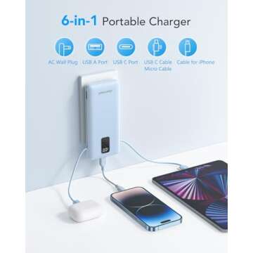 Charmast Portable Charger with Built-in Cables & Wall Plug, 10000mAh Portable Power Bank, External Battery Pack Travel Essentials Compatible with iPhone 16/15/14/13, Samsung, iPad etc