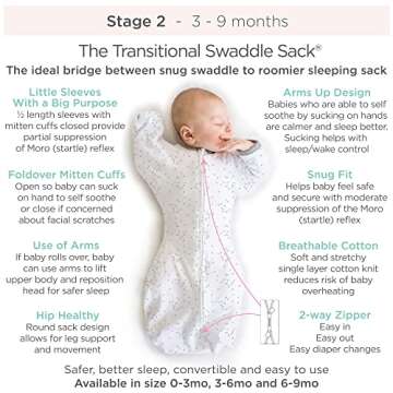 Amazing Baby Transitional Swaddle Sack with Arms Up Half-Length Sleeves and Mitten Cuffs, Medium, 3-6 months, 14-21 lbs, Tiny Elephants, Blue (Arms Up Swaddle, Transition Swaddle Sleep Sack)