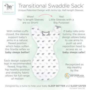 Amazing Baby Transitional Swaddle Sack with Arms Up Half-Length Sleeves and Mitten Cuffs, Medium, 3-6 months, 14-21 lbs, Tiny Elephants, Blue (Arms Up Swaddle, Transition Swaddle Sleep Sack)