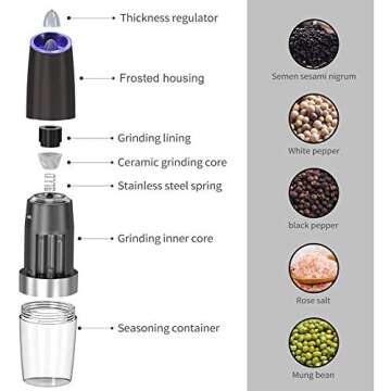 Electric Gravity Salt and Pepper Grinder set of 2, Automatic Salt and Pepper Mill Grinder, Adjustable Roughness, Battery Powered, Blue LED Light, Stainless Steel with One Hand Operation (Black)