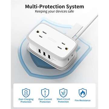 Travel Power Strip with USB Ports, NTONPOWER 4 Outlets 3 USB with 4FT Wrapped Short Extension Cord Flat Plug, USB Portable Desktop Charging Station, Compact for Hotel Travel Cruise Essentials, White