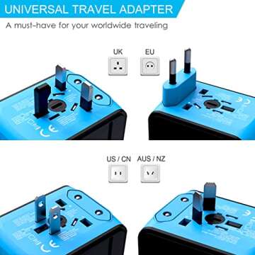 APzek Universal Travel Adapter, International Power Adapter with 3USB + 1Type C Ports, European Worldwide AC Outlet Plugs Charger for Europe UK US AU Asia 200+ Countries, Blue