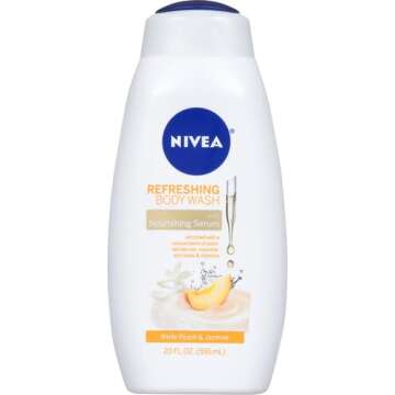 NIVEA Refreshing White Peach and Jasmine Body Wash, Scented Body Wash with Nourishing Serum, Plant-Derived Oils, Essential Skin Lipids and Vitamins, 20 Fl Oz Bottle