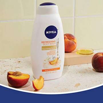 NIVEA Refreshing White Peach and Jasmine Body Wash, Scented Body Wash with Nourishing Serum, Plant-Derived Oils, Essential Skin Lipids and Vitamins, 20 Fl Oz Bottle