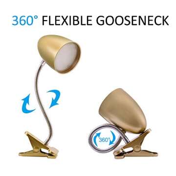 Energetic Clip on Lamp for Bed, Non-Dimmable Reading Light for Bed and Desk, 4000K Cool White, 3.5W 240 LM Flexible Gooseneck lamp, Eye Protection, ETL Listed, Gold