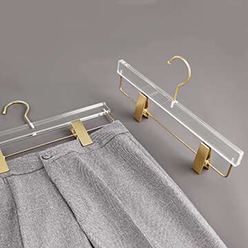 Besser 10 Pack Gold Acrylic Hangers,Clear Hangers with Gold Hooks,Luxurious Skirt Pants Hangers Gold Clips for Clothing Closet Storage