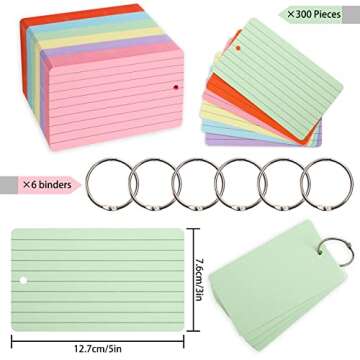 Whaline 300 Pieces Index Cards Rings Punched Flashcard Colorful Lined Dot Note Cards Light Weight Study Cards for Studying Ruled Home Classroom Office School Learning Memory