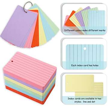 Whaline 300 Pieces Index Cards Rings Punched Flashcard Colorful Lined Dot Note Cards Light Weight Study Cards for Studying Ruled Home Classroom Office School Learning Memory