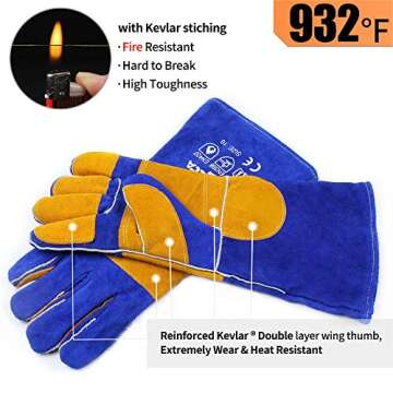 RAPICCA Welding Gloves Fire Heat Resistant: Blue 16IN 932℉ - Fireproof Leather For Stick Mig Flux-Core Welder Forge Blacksmith Fireplace Wood Stove Fire Pit Furnace Handling Dry ice - One Size