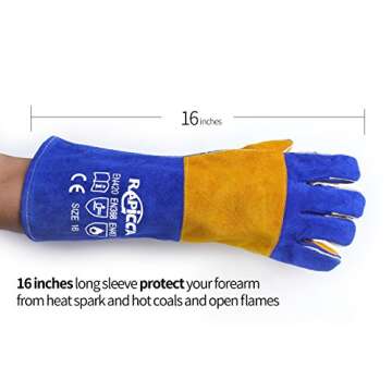 RAPICCA Welding Gloves Fire Heat Resistant: Blue 16IN 932℉ - Fireproof Leather For Stick Mig Flux-Core Welder Forge Blacksmith Fireplace Wood Stove Fire Pit Furnace Handling Dry ice - One Size