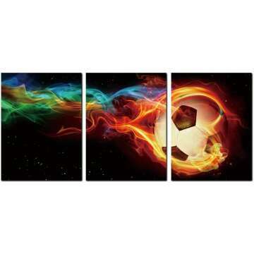 Football Sport Boy Room Wall Art Multicolor Flame Triptych Soccer Artwork Canvas Poster Print for Baby's Bedroom Wall Decor Stretched Framed Colorful Picture Dormitory Nursery 12x16inchx3