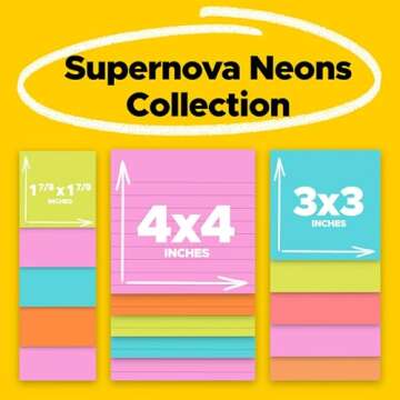 Post-it Super Sticky Lined Notes, 15 Sticky Note Pads, Multi-Size., Ideal for Organization in Your Dorm, Home or Office, Supernova Neons Collection