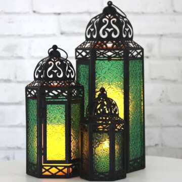 VELA LANTERNS Moroccan Candle Lantern Decorative Set of 3 for Floor, Ramadan Decorations, Indoor Home Decor, Outdoor Patio or Porch, Halloween, Weddings, Green