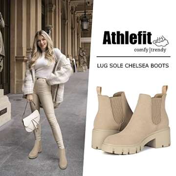 Athlefit Women's Chelsea Boots Fashion Lug Sole Chunky Heel Slip on Elastic Ankle Nude Booties Size 7.5