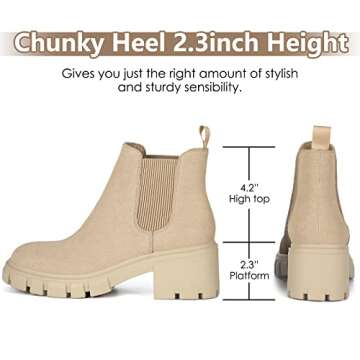 Athlefit Women's Chelsea Boots Fashion Lug Sole Chunky Heel Slip on Elastic Ankle Nude Booties Size 7.5